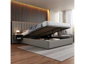 Merax Opbergbed 180 x 200 cm met groot hoofdbord en 2 nachtkastjes - Linnen stof - Grijs + zwart (zonder matras)