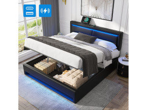 Merax Opbergbed 140 x 200 cm met hoofdbord - USB- en LED-aansluitingen - PU leer - Lattenbodem - Zwart (zonder matras)