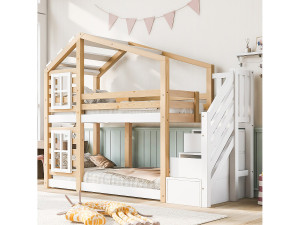 Merax Stapelbedden 2 x 90 x 200 cm met 3 lades, raam en dak - Massief hout + MDF - 2 x lattenbodem - Wit (zonder matras)