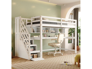 Merax Hoogslaper 90 x 200 cm met bureau, lades en opbergplanken - Dennenhout - Wit