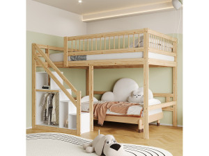 Merax Hoogslaper 140 x 200 cm met opbergkast - Massief hout + MDF - Naturel en wit (zonder matras)
