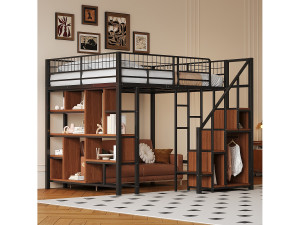 Merax Multifunctionele hoogslaper 140 x 200 cm, metalen bed met opbergruimte, planken en trappen, bed voor volwassenen en kinderbed