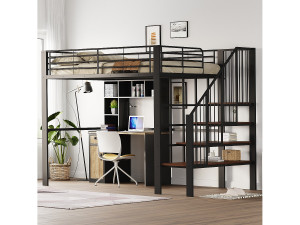 Merax Hoogslaper 140 x 200 cm met brede trap - Metaal + Multiplex + MDF - Lattenbodem - Zwart