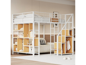 Merax Multifunctionele hoogslaper 140 x 200 cm, metalen bed met opbergruimte, planken en trappen, bed voor volwassenen en kinderbed