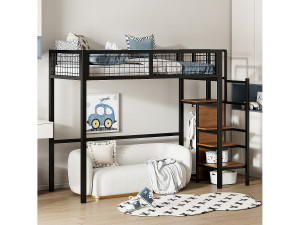 Merax Hoogslaper 90 x 200 met ladder, opbergplank en kledingkast - Metaal - Lattenbodem - Zwart