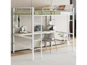 Merax Hoogslaper 140 x 200 cm met bureau en planken - Metaal - Lattenbodem - Wit (zonder matras)