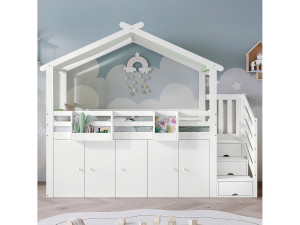 Merax Hoogslaper 90 x 200 cm met 1 kledingkast en 2 kluisjes en 3 lades - Grenen+MDF+multiplex - Wit+groen