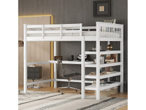 Merax Hoogslaper 140 x 200 cm met bureau en opbergplanken - Grenenhout + MDF - Wit