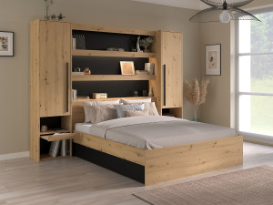 Vente-unique Bed met bedbrug 160 x 200 cm met opbergruimte - Met ledverlichting - Kleur: naturel en zwart + bedbodem - VARLY