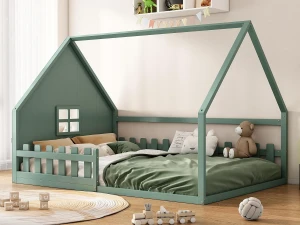 ModernLuxe Cama Cabine Infantil 140x200 cm - Formato Casa - Pinho e MDF - Verde