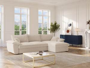 Vente-unique Hoekslaapbank met hoek rechts van beige ribfluweel met brede ribbels GUILLERMO