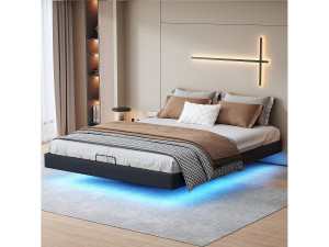 tweepersoonsbed 160 x 200 met onderstel, LED-lichtstrip onder het bed, Zonder hoofdbord, PU, ​​​​Zwart