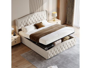 140x200 opbergbed, gestoffeerd bed met lattenbodem, fluweel, beige