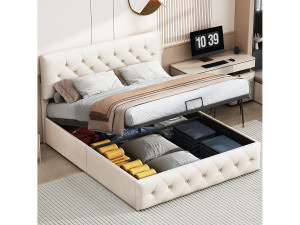 Opbergbed 160 x 200 cm, tweepersoonsbed, fluwelen stof, beige