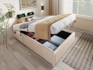 ModernLuxe Gestoffeerd borstbed 90×190cm - linnenstof - met oplaadpunten en lattenbodemkussen - Beige