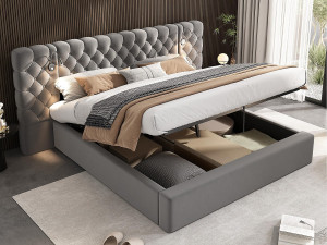 ModernLuxe Gestoffeerd opbergbed 160x200 cm in fluweel - met leeslamp en lattenbodem - Grijs