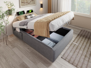 ModernLuxe Bed gestoffeerde kofferbak 90×190cm - linnen stof - met oplaadaansluitingen en lattenbodemkussen - Grijs