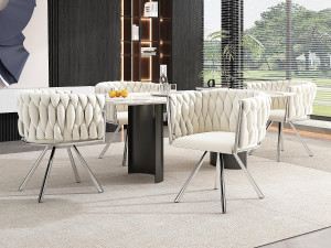 ModernLuxe Set van 4 fluwelen draaistoelen met armleuningen - zilveren metalen poten - Beige