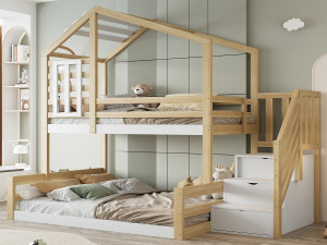 ModernLuxe Overlappend bed 90x200cm + 140x200cm massief hout - met barrières en opbergladder - Wit & Naturel