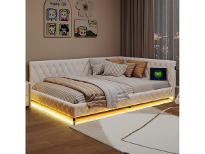 Uitschuifbed 140x200 cm - Teddy velvet, Slaapbank met LED-verlichting en USB-oplaadfunctie, - Beige
