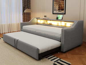 ModernLuxe Uittrekbare slaapbank 90/180x190cm in linnen - met LED & USB - met lattenbodem - Lichtgrijs