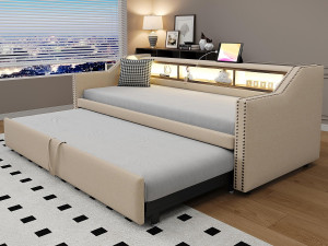 ModernLuxe Uitklapbare slaapbank 90/180x190cm in linnen - met LED & USB - met lattenbodem - Beige