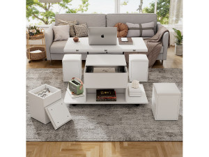 Merax Opklapbare salontafel met 4 krukken en 2 tafeltjes - 100 x 50 x 48 cm - Spaanplaat - Wit