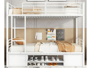 ModernLuxe IJzeren stapelbed 90x200cm - met schoenenkast en ladder - Wit