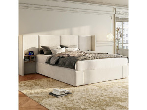 KOMHTOM Gestoffeerd bed 160 x 200 cm, met USB-poort, stopcontact, nachtkastje, velours, beige