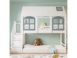 KOMHTOM Stapelbed, kinderbed met dak en raam, veiligheidsdeur, grenen + MDF, wit + grijs, 90x200 cm