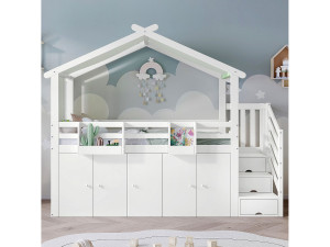 KOMHTOM Kinderstapelbed 90x200cm, met kleerkast en opbergmeubel, grenen + MDF + kurk, wit + groen