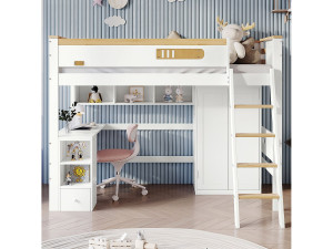 KOMHTOM Kinderstapelbed 90x200 cm, met rail, tafel en kast, ladder, wit + natuurlijke kleuren