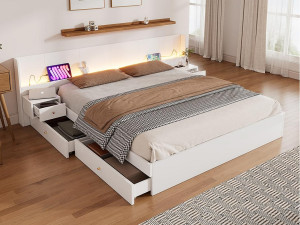 ModernLuxe Opbergbed voor volwassenen 180x200cm in hout - met USB- en LED-aansluitingen - 2 nachtkastjes en 2 laden - Wit