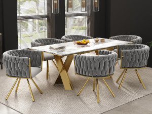 ModernLuxe Set van 6 fluwelen draaistoelen met armleuningen - goud metalen poten - Grijs