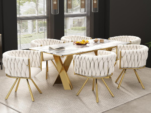ModernLuxe Set van 6 fluwelen draaistoelen met armleuningen - goud metalen poten - Beige