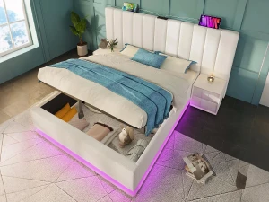 ModernLuxe Cama estofada em imitação de pele 180×200cm - com LED e carregamento - com base de ripas - Branco
