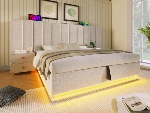 ModernLuxe Cama estofada em linho 160×200cm - com LED e carregamento - com base de ripas - Bege