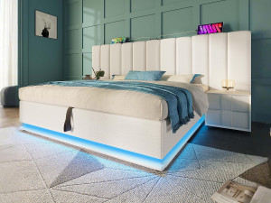 ModernLuxe Gestoffeerd opbergbed in kunstleer 160×200cm - met LED en opladen - met lattenbodem - Wit