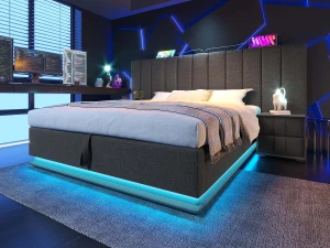 ModernLuxe Cama estofada em linho 160×200cm - com LED e carregamento - com base de ripas - Cinza