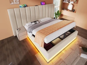 ModernLuxe Cama estofada em linho 180×200cm - com LED e carregamento - com base de ripas - Bege