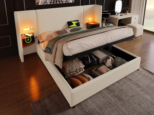 ModernLuxe Linnenopbergbed 180x200cm - 2 nachtkastjes met leeslampje en laadfunctie - met lattenbodem - Beige