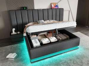 ModernLuxe Cama estofada em linho 180×200cm - com LED e carregamento - com base de ripas - Cinza