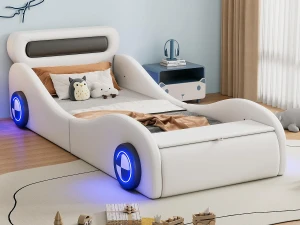 ModernLuxe Cama infantil 90x200cm - cama almofadada em forma de carro com rodas iluminadas - Branco