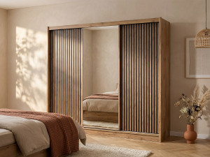 Vente-unique Kast met 3 schuifdeuren - Met spiegel - L250 cm - Kleur: naturel en zwart - CALOWI