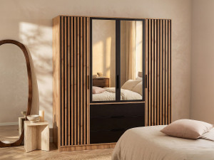 Vente-unique Kast met 4 deuren en 3 lades - Met spiegel - L196 cm - Kleur: houtlook en zwart - LIRMADA