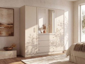 Vente-unique Kast met 4 deuren en 3 lades - Met spiegels - L196 cm - Beige en goud - LIZANDRO