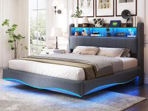 ModernLuxe Volwassen bed 160x200cm in linnenstof - opberghoofdeinde met LED en stopcontacten - Grijs