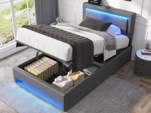 ModernLuxe 90x190 cm kunstleren opbergbed met LED - met oplaadpoorten (bedraad en draadloos) - Grijs