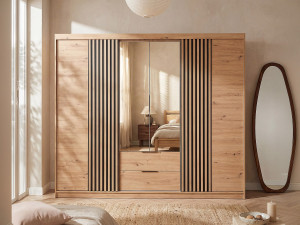 Unique Armario 4 puertas y 2 cajones - Con espejo - An.250 cm - Color: Natural - SIDOVIA