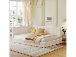 Merax Gestoffeerd bed 140 x 200 cm met hoofdeinde - Fluweel - Slaapbank - Lattenbodem - Beige